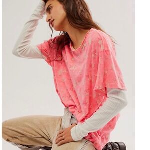 Magnolia Pearl Floral Block Print Pink Tee Shirt Flowers In Bloom NWT Boyfriend